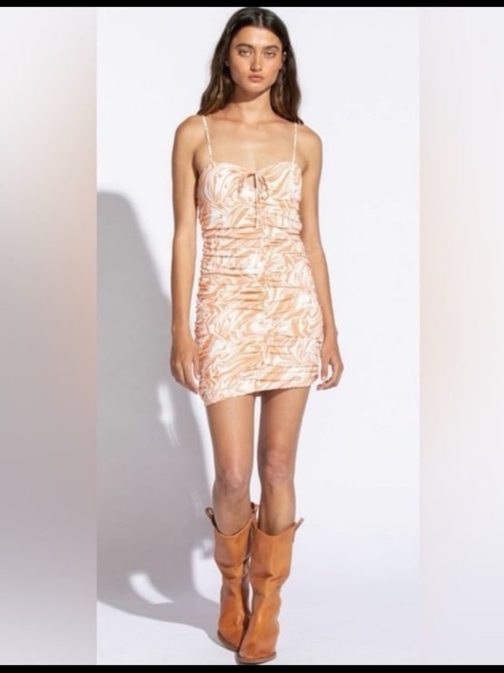 Spaghetti-Strap Mini Dress in Peach Marble Print